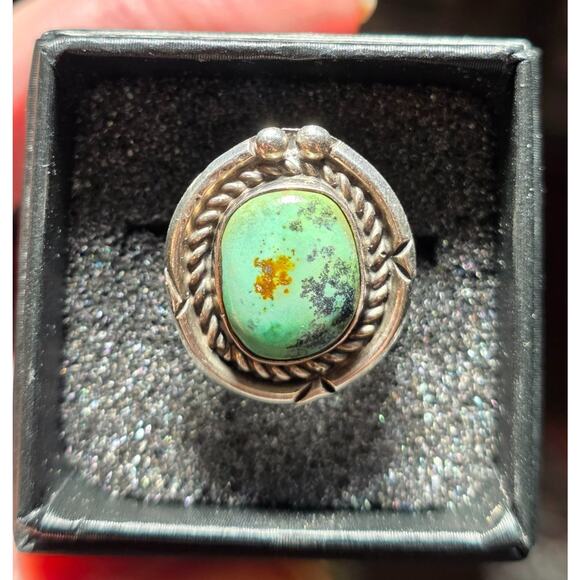 Vintage Sterling Silver Ring With Turquoise Stone Size 6.5 Intricate Rope Detail - Picture 1 of 9